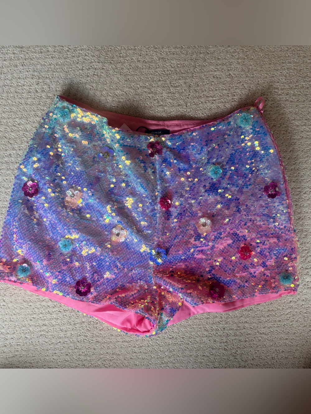 Nasty Gal iridescent sequin floral applique high waisted booty shorts